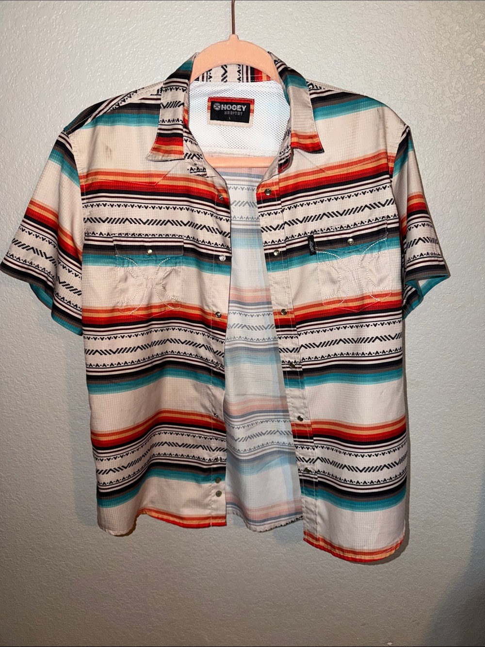 Hooey Men’s Short Sleeve Serape Stripe Shirt - Cream/Turquoise/Orange